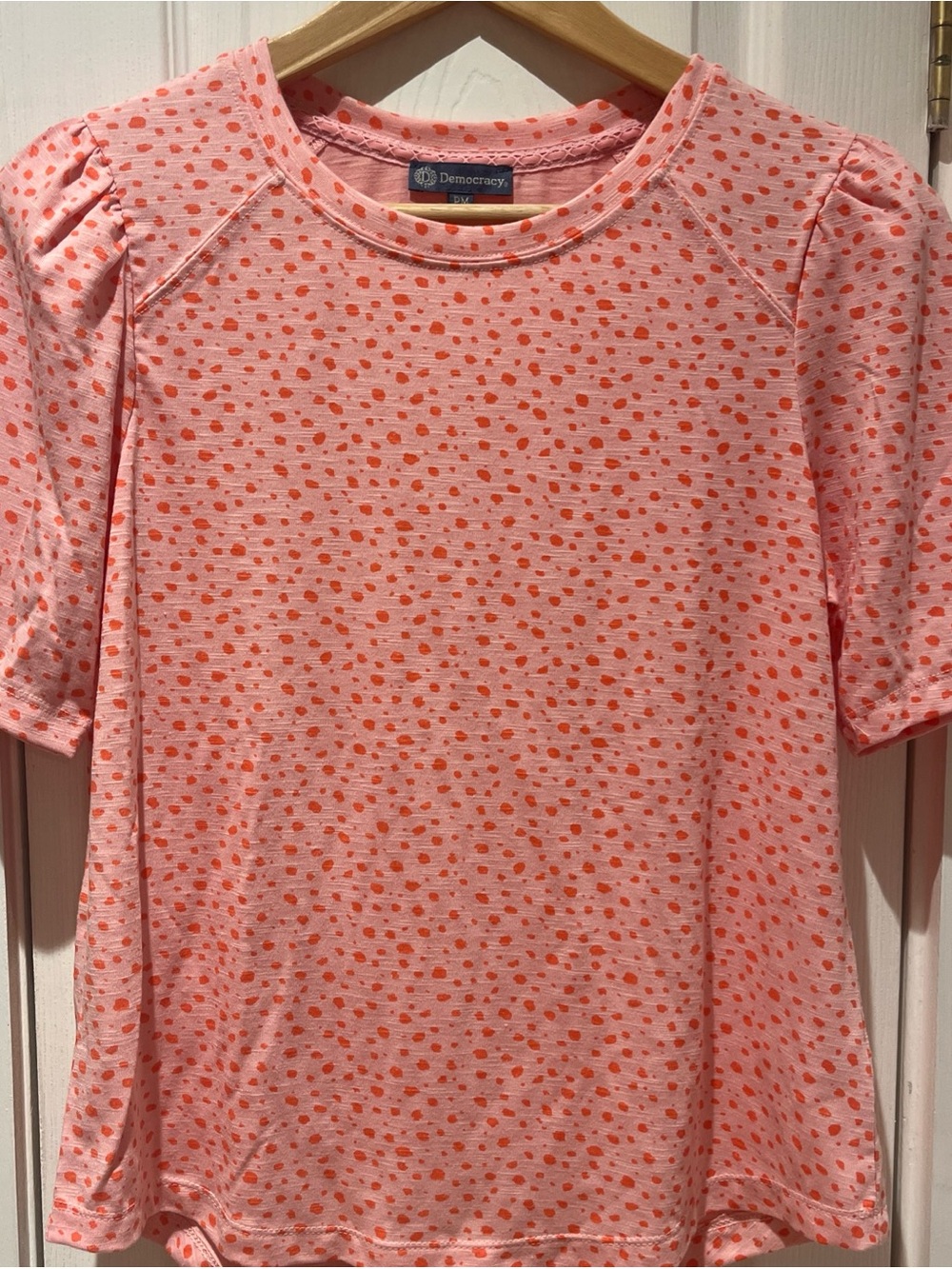 Democracy Coral Pink Short Sleeve Crewneck Top with Orange Dot Print